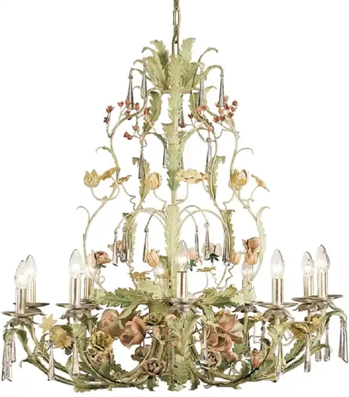 Casa Padrino Luxus Jugendstil Kronleuchter mit Swarovski Kristallglas Rosen & Blumen Grün / Mehrfarbig Ø 100 x H. 90 cm - Barock & Jugendstil Wohnzimmer Kronleuchter Preis Gesenkt