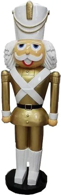 Casa Padrino Deko XXL Skulptur Nußknacker Gold / Weiß mit Uniform Lebensgross 180 cm - Weihnachten Weihnachtsdeko Kaufhausdeko Preisreduziert