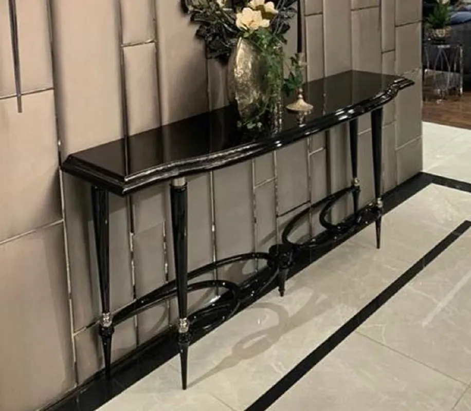 Neue Kollektion Casa Padrino Luxus Art Deco Konsole Schwarz / Silber - Prunkvoller Massivholz Konsolentisch - Luxus Art Deco Möbel