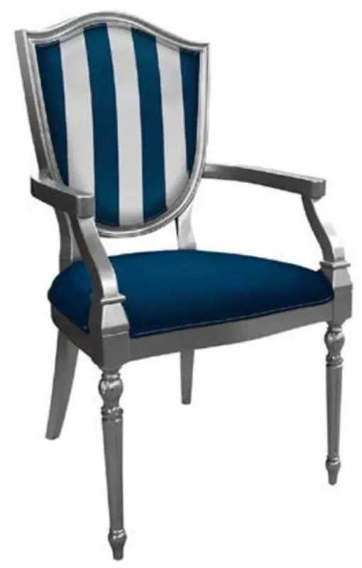 Nur Für Kurze Zeit Casa Padrino Art Deco Esszimmerstuhl Blau / Silber - Gestreifter Massivholz Stuhl mit Armlehnen - Art Deco Esszimmer Möbel