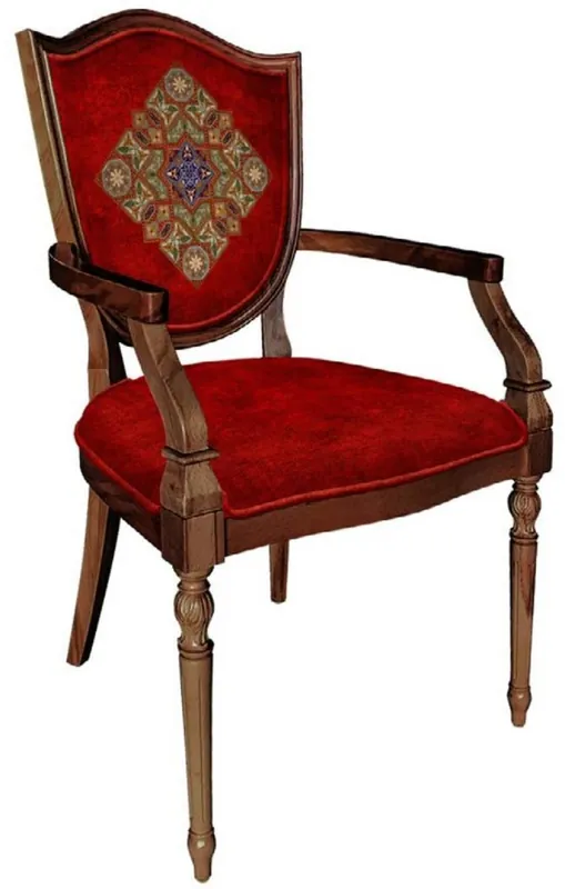 Super-Preis Casa Padrino Art Deco Esszimmerstuhl Bordeauxrot / Mehrfarbig / Braun - Massivholz Stuhl mit Armlehnen und elegantem Muster - Art Deco Esszimmer Möbel