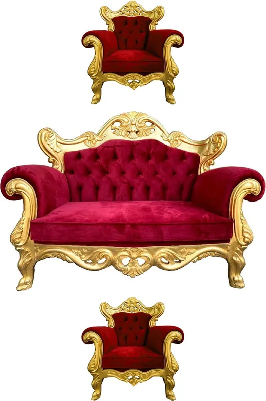 Casa Padrino Luxus Barock Wohnzimmer Set Bordeauxrot / Gold - 1 Barock Sofa & 2 Barock Sessel - Wohnzimmer Möbel im Barockstil - Edel & Prunkvoll Schneller Versand