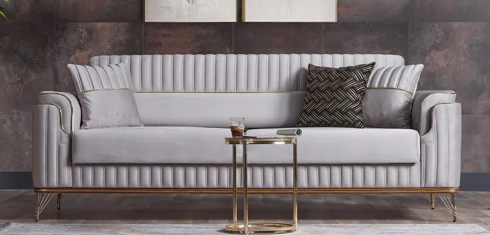 Kracherpreis Casa Padrino Luxus Schlafsofa Hellgrau / Braun / Gold 228 x 94 x H. 88 cm - Wohnzimmer Sofa mit 3 Kissen - Luxus Wohnzimmer Möbel