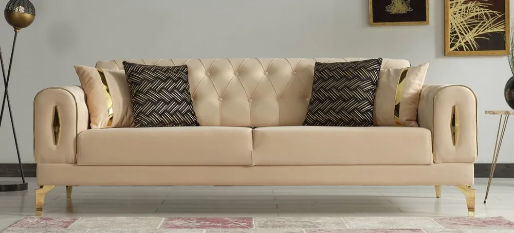Casa Padrino Luxus Schlafsofa Beige / Gold 225 x 95 x H. 83 cm - Wohnzimmer Sofa mit 4 Kissen - Luxus Wohnzimmer Möbel Schnäppchen