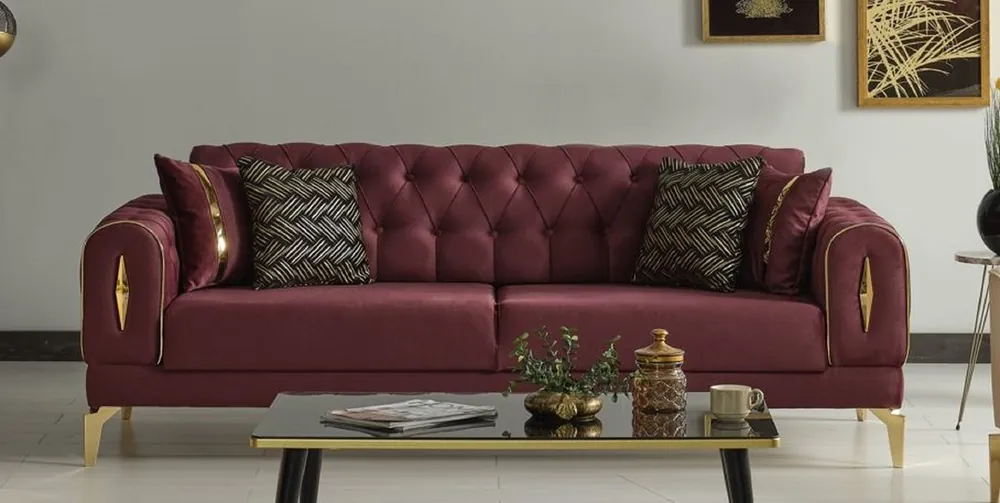 Markenware Casa Padrino Luxus Schlafsofa Weinrot / Gold 225 x 95 x H. 83 cm - Wohnzimmer Sofa mit 4 Kissen - Luxus Wohnzimmer Möbel