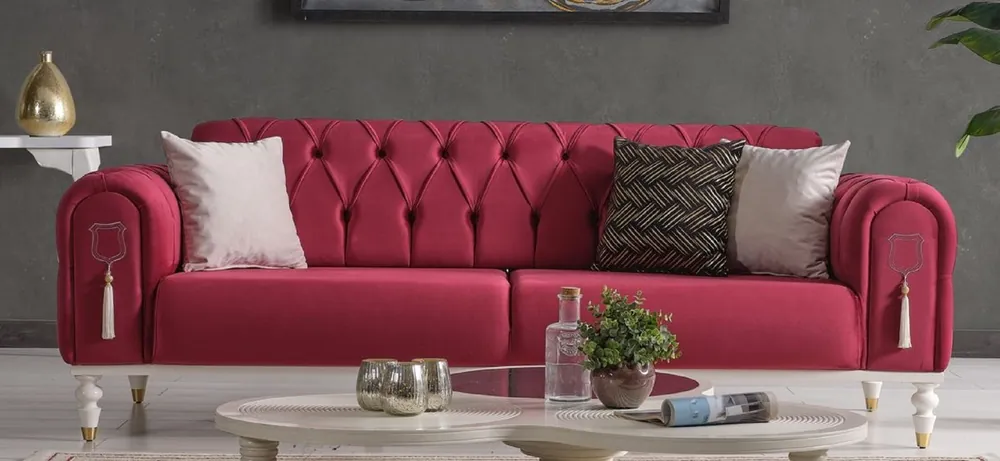 Casa Padrino Luxus Chesterfield Schlafsofa Rot / Weiß / Gold 230 x 95 x H. 83 cm - Wohnzimmer Sofa mit 3 Kissen - Luxus Wohnzimmer Möbel Billig