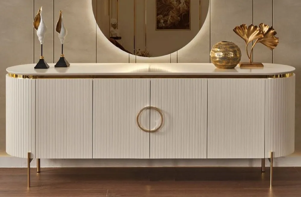 Casa Padrino Luxus Sideboard Weiß / Gold 210 x 52 x H. 78 cm - Edler Massivholz Schrank mit 4 Türen - Luxus Möbel Nur Für Kurze Zeit