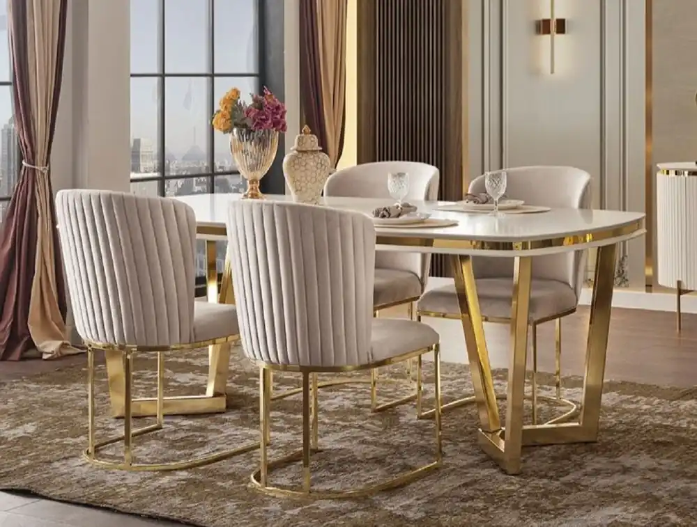 Aktuell Casa Padrino Luxus Esszimmer Set Weiß / Grau / Gold - 1 Esstisch & 4 Esszimmerstühle - Moderne Esszimmer Möbel