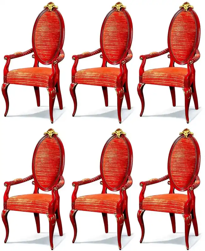 Casa Padrino Luxus Barock Esszimmerstuhl Set Rot / Gold - Prunkvolles Barock Esszimmer Stühle 6er Set mit Armlehnen - Barock Esszimmer Möbel - Luxus Qualität - Made in Italy Sichere Zahlung