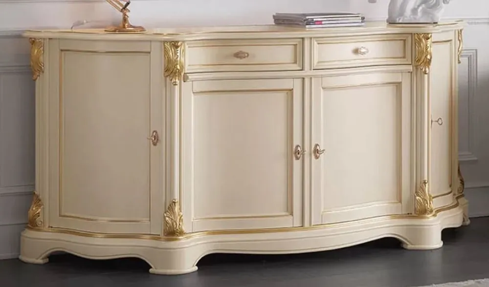 Casa Padrino Luxus Barock Sideboard Cremefarben / Gold - Prunkvoller Massivholz Schrank mit 4 Türen und 2 Schubladen - Barock Möbel - Luxus Qualität - Made in Italy Schneller Versand
