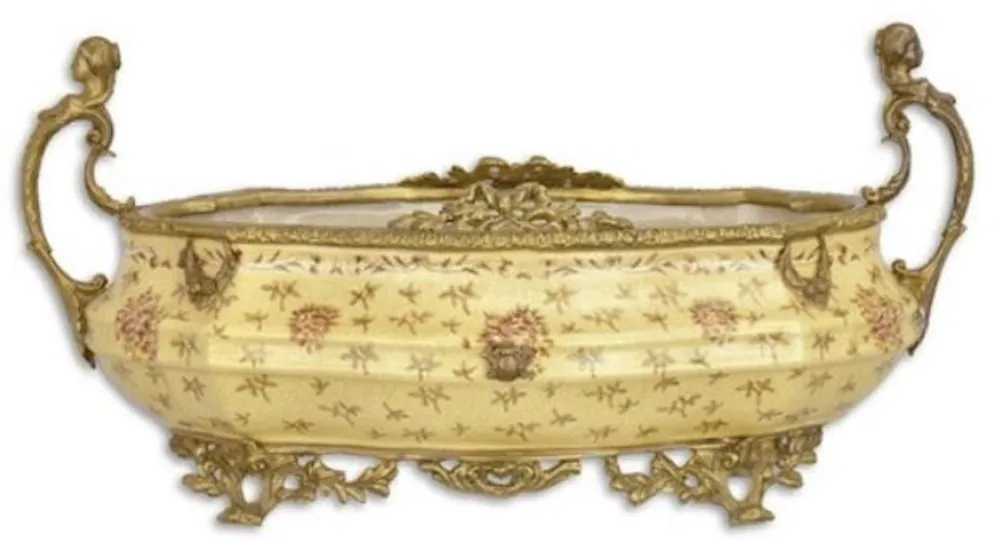 Casa Padrino Jugendstil Blumenschale Beige / Messingfarben 45 x 23,7 x H. 5,3 cm - Porzellan Pflanzenschale - Barock & Jugendstil Deko Accessoires Wochenendangebot
