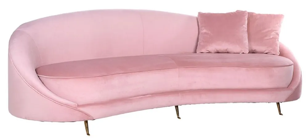 Casa Padrino Luxus Samt Sofa Rosa / Gold 240 x 100 x H. 77 cm - Gebogenes Wohnzimmer Sofa mit 2 dekorativen Kissen - Luxus Wohnzimmer Möbel Super-Preis