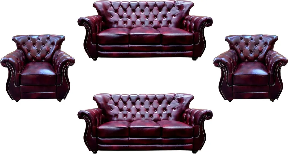 Sonderaktion Casa Padrino Luxus Chesterfield Echtleder Wohnzimmer Set Bordeauxrot / Braun / Silber - 2 Leder Sofas & 2 Leder Sessel - Chesterfield Wohnzimmer Möbel