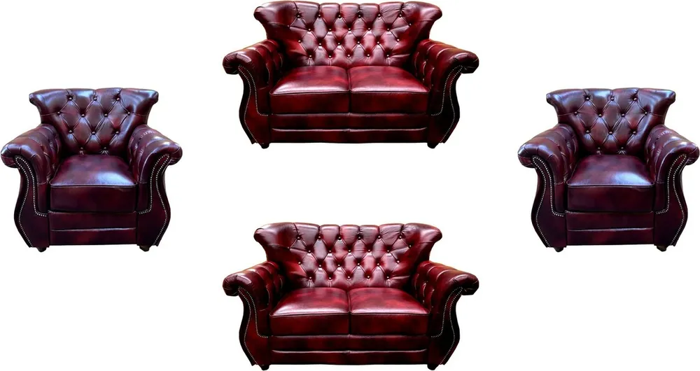Finale Aktion Casa Padrino Luxus Chesterfield Echtleder Wohnzimmer Set Bordeauxrot / Braun / Silber - 2 Leder Sofas & 2 Leder Sessel - Wohnzimmer Möbel - Chesterfield Möbel