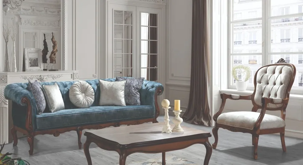 Casa Padrino Luxus Barock Wohnzimmer Set Blau / Grau / Braun - 2 Sofas & 2 Sessel & 1 Couchtisch - Wohnzimmer Möbel im Barockstil - Edel & Prunkvoll Meistverkauft
