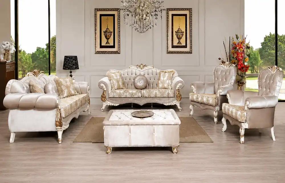 Kracherpreis Casa Padrino Luxus Barock Wohnzimmer Set Rosa / Weiß / Gold - 2 Sofas mit Muster & 2 Sessel mit Muster & 1 Couchtisch - Prunkvolle Barock Wohnzimmer Möbel