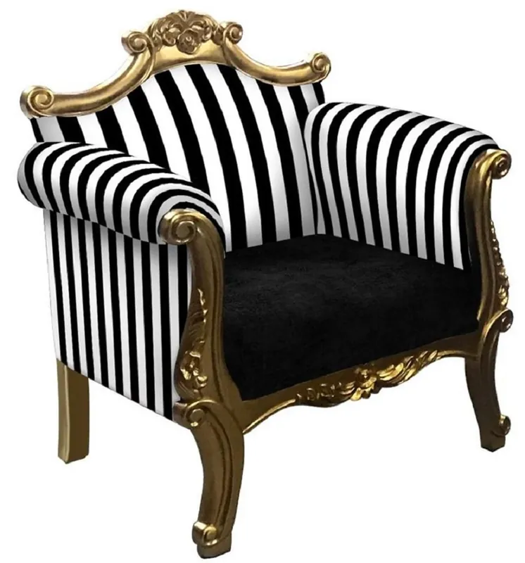 Schneller Versand Casa Padrino Barock Sessel mit Streifen Schwarz / Weiß / Gold - Handgefertigter Wohnzimmer Sessel im Barockstil - Barock Wohnzimmer Möbel