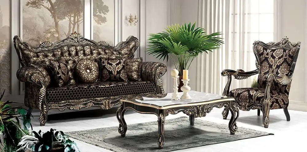 Casa Padrino Luxus Barock Wohnzimmer Set Schwarz / Gold - 2 Sofas & 2 Sessel & 1 Couchtisch - Wohnzimmer Möbel im Barockstil - Edel & Prunkvoll Highlight