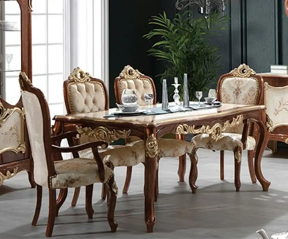 Casa Padrino Luxus Barock Esszimmer Set Cremefarben / Braun / Gold - 1 Barock Esstisch & 6 Barock Esszimmerstühle - Esszimmer Möbel im Barockstil - Edel & Prunkvoll Top-Angebot