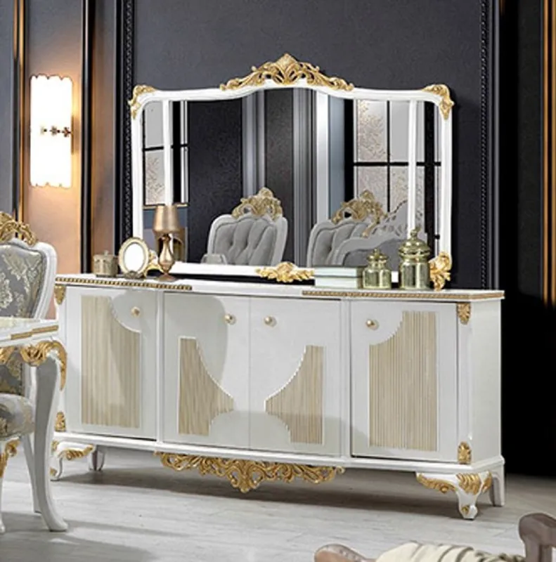 Casa Padrino Luxus Barock Möbel Set Weiß / Gold - 1 Barock Sideboard mit 4 Türen & 1 Barock Wandspiegel - Prunkvolle Barock Möbel Preisreduziert