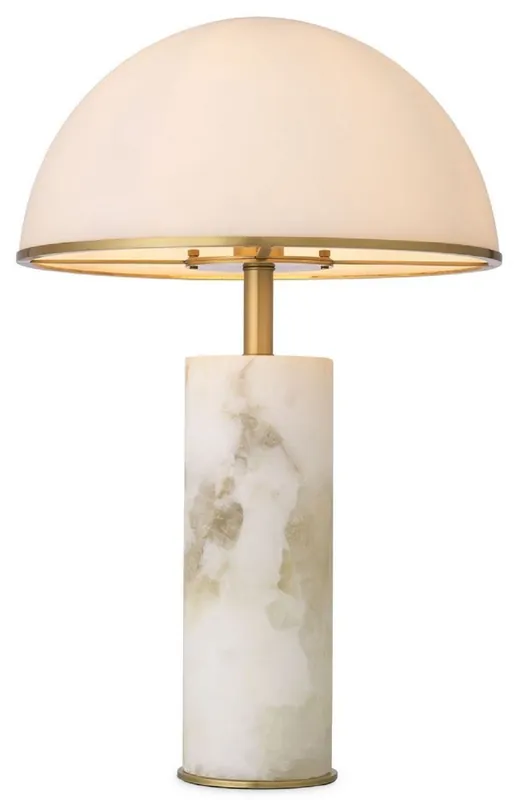 Casa Padrino Luxus Tischleuchte Alabaster / Antik Messingfarben / Weiß Ø 39,5 x H. 65 cm - Moderne Alabaster Schreibtschleuchte mit Glas Lampenschirm - Luxus Kollektion Direktkauf