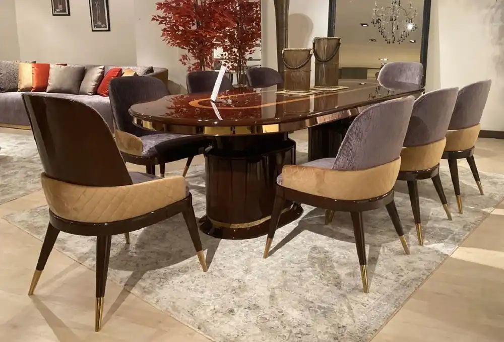 Casa Padrino Luxus Esszimmer Set Lila / Beige / Dunkelbraun / Gold - 1 Esstisch & 8 Esszimmerstühle - Luxus Esszimmer Möbel - Luxus Qualität Neue Ware