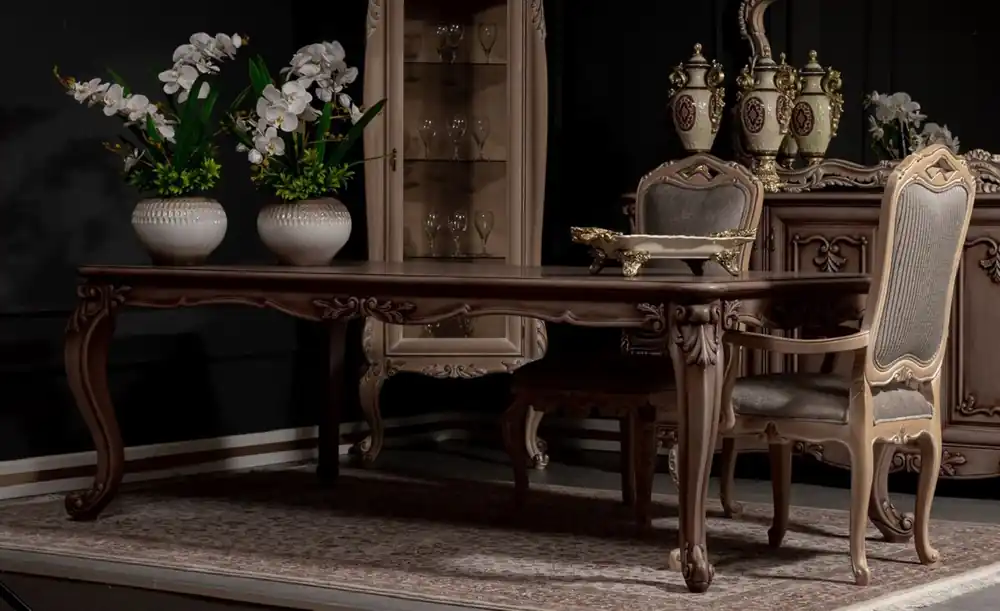 Preisknaller Casa Padrino Luxus Barock Esszimmer Set Braun / Grau / Naturfarben - 1 Barock Esstisch & 8 Barock Esszimmerstühle - Prunkvolle Esszimmer Möbel im Barockstil