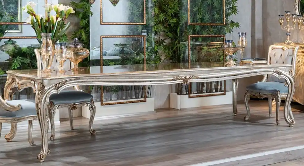 Casa Padrino Luxus Barock Esstisch Silber / Gold - Prunkvoller Massivholz Esszimmertisch im Barockstil - Barock Esszimmer Möbel Bestpreis