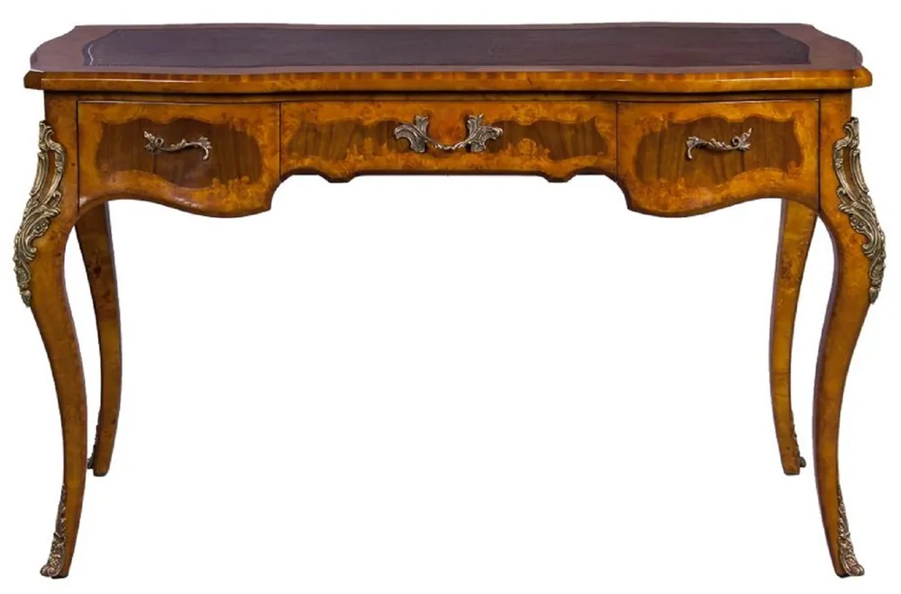 Casa Padrino Luxus Barock Schreibtisch Hellbraun / Dunkelbraun / Rot - Handgefertigter Massivholz Sekretär mit 3 Schubladen - Edle Barock Büro Möbel Schnäppchen