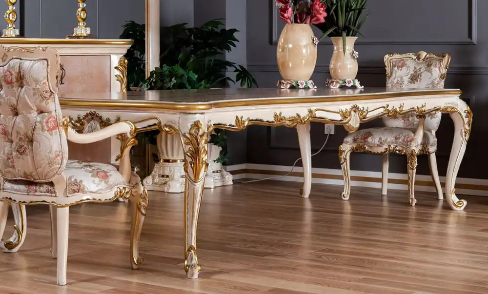 Casa Padrino Luxus Barock Esstisch Beige / Weiß / Gold - Prunkvoller Massivholz Esszimmertisch im Barockstil - Barock Esszimmer Möbel Direkt Vom Hersteller