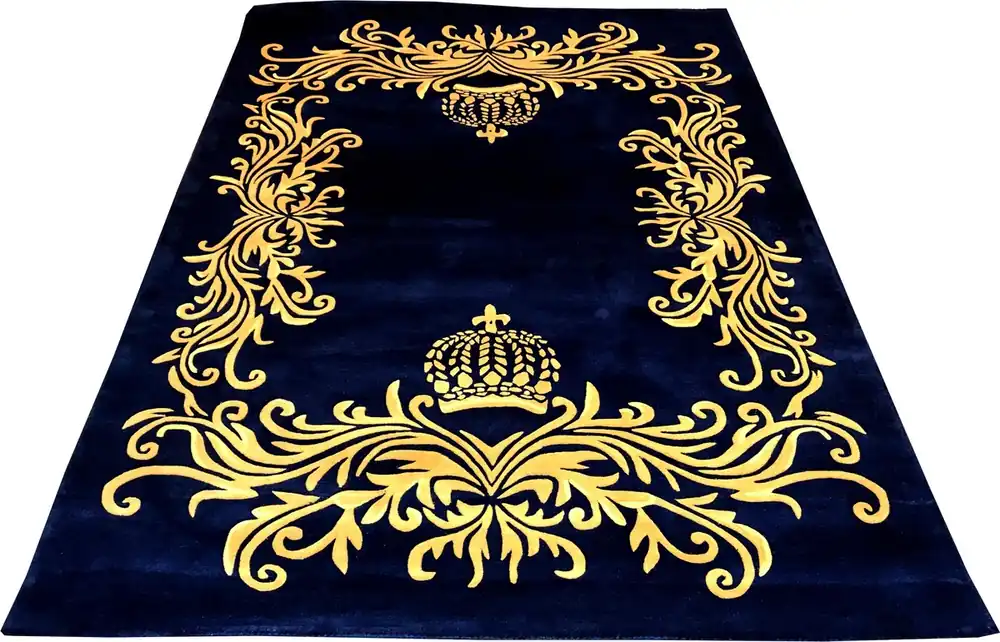 Pompöös by Casa Padrino Luxus Teppich von Harald Glööckler 200 x 290 cm Krone Royalblau / Gold - Barock Design Teppich - Handgewebt aus Wolle Aktuell