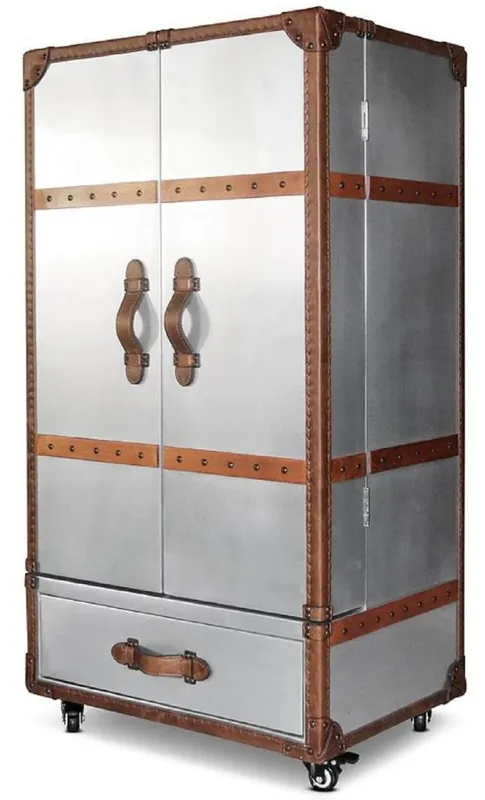 Casa Padrino Luxus Weinschrank Silber / Braun 63 x 52 x H. 130 cm - Aluminium Kofferschrank mit Echtleder - Barschrank im Koffer Design - Luxus Bar Möbel Abverkauf