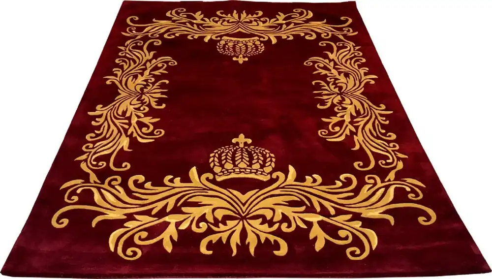 Highlight Pompöös by Casa Padrino Luxus Teppich von Harald Glööckler 80 x 150 cm Krone Bordeauxrot / Gold - Barock Design Teppich - Handgewebt aus Wolle
