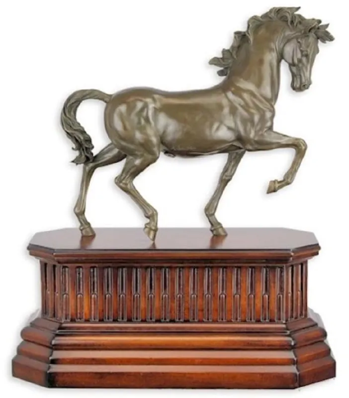 Casa Padrino Luxus Bronze Skulptur Pferd auf Holzsockel Bronze / Braun 40,9 x 19,9 x H. 46,5 cm - Bronzefigur - Dekofigur - Deko Accessoires Nur Für Kurze Zeit