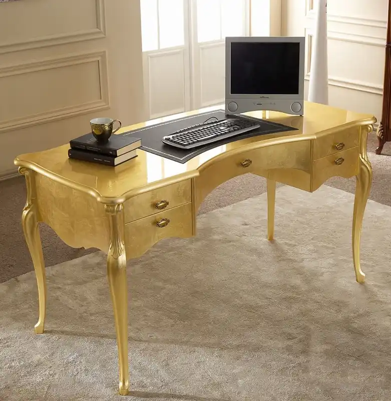 Casa Padrino Luxus Barock Schreibtisch Gold / Schwarz - Edler Massivholz Bürotisch mit 5 Schubladen - Barock Büromöbel - Luxus Qualität - Made in Italy Top-Preis