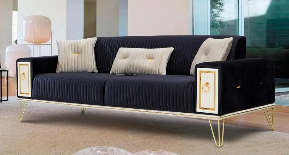 Casa Padrino Luxus Schlafsofa Dunkelblau / Weiß / Gold 220 x 90 x H. 80 cm - Modernes Wohnzimmer Sofa - Wohnzimmer Möbel Garantierte Lieferung