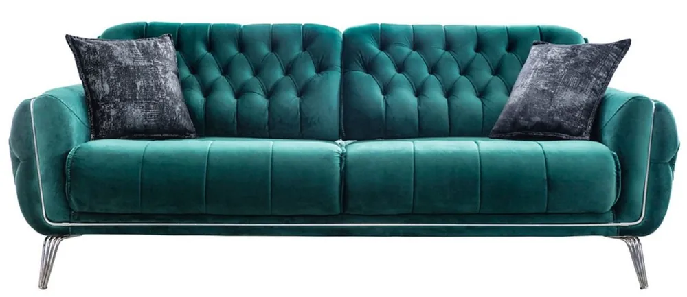 Casa Padrino Luxus Chesterfield Schlafsofa Grün / Silber 230 x 95 x H. 75 cm - Modernes Wohnzimmer Sofa - Chesterfield Wohnzimmer Möbel Echt