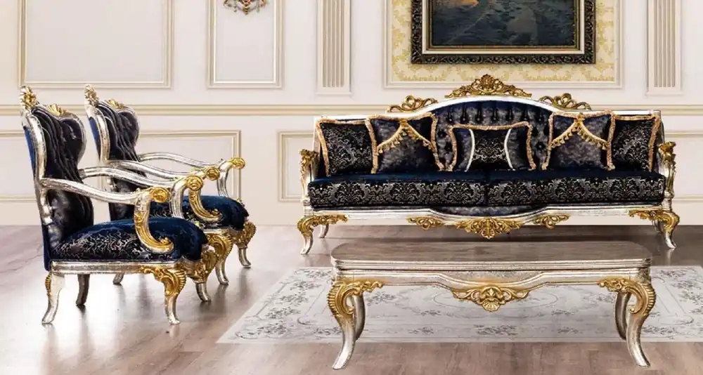 Casa Padrino Luxus Barock Wohnzimmer Set Royalblau / Schwarz / Silber / Gold - 2 Barock Sofas mit Muster & 2 Barock Sessel mit Muster & 1 Barock Couchtisch - Barock Wohnzimmer Möbel Finale Aktion