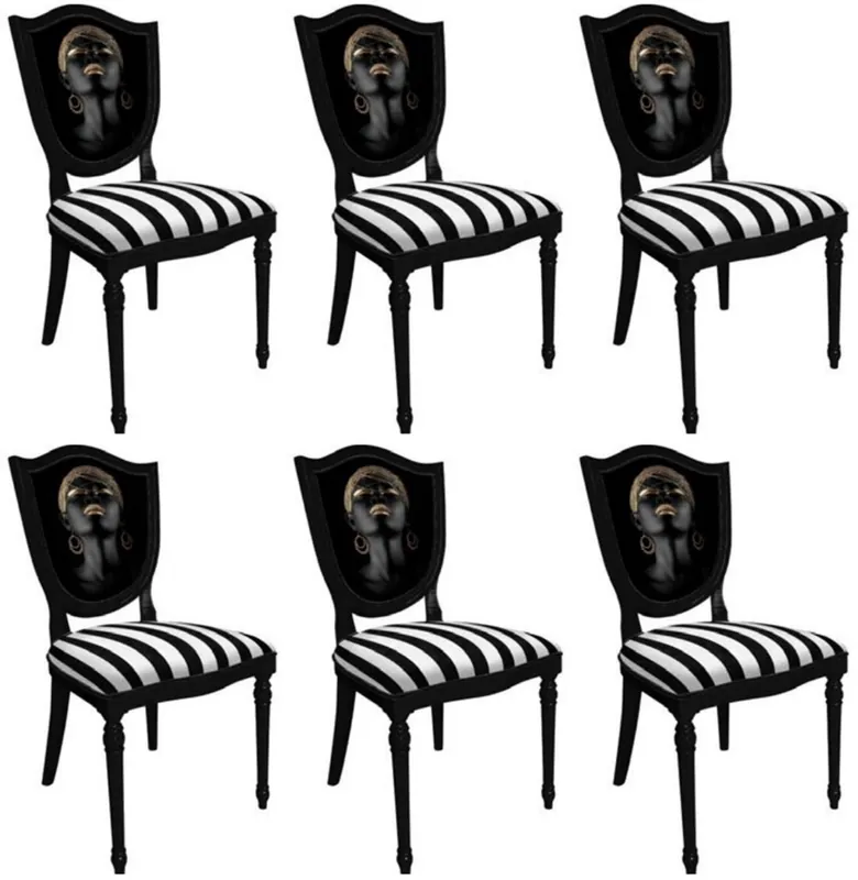 Casa Padrino Art Deco Esszimmerstuhl Set Weiß / Mehrfarbig / Schwarz - 6 Handgefertigte Art Deco Küchen Stühle mit Streifen und Design - Art Deco Esszimmer Möbel Sofort Bestellen