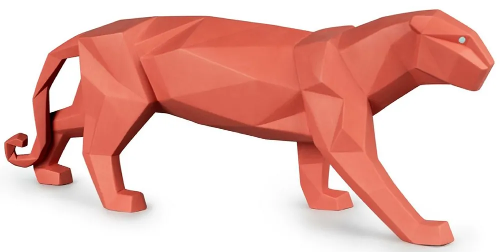 Casa Padrino Luxus Porzellan Panther Skulptur Matt Korallenrot 50 x 12 x H. 19 cm - Hangefertigte Deko Figur aus feinstem spanischen Porzellan - Luxus Deko Accessoires Markenware