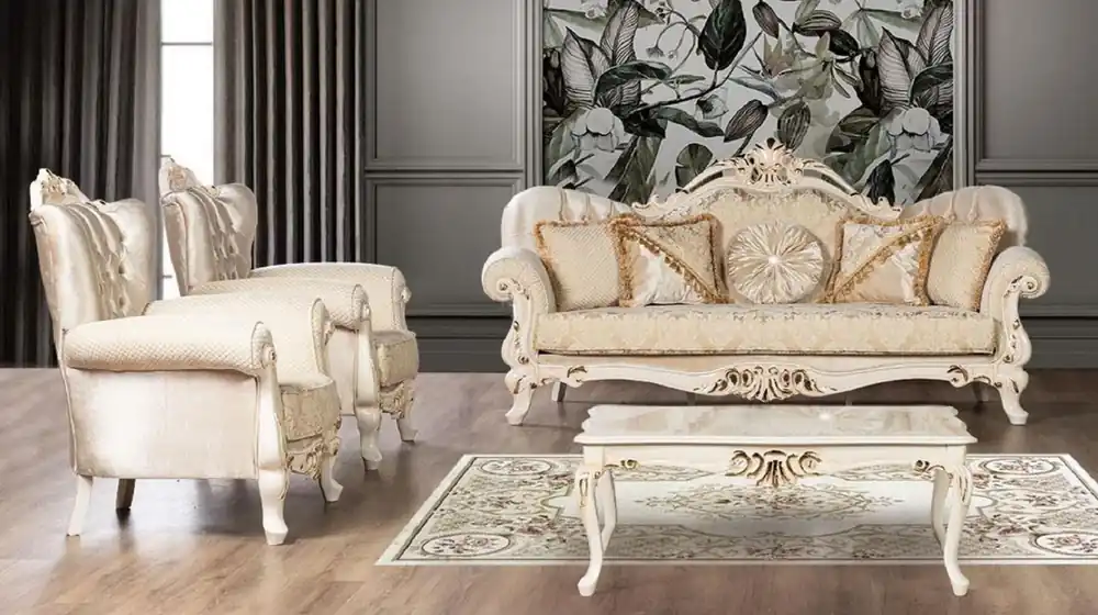 Casa Padrino Luxus Barock Wohnzimmer Set Gold / Cremefarben / Gold - 2 Barock Sofas mit Muster & 2 Barock Sessel mit Muster & 1 Barock Couchtisch - Barock Wohnzimmer Möbel Nur Heute