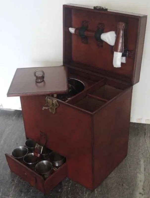 Casa Padrino Luxus Minibar Dunkelbraun 32 x 23 x H. 36 cm - Echtleder Kofferbar mit Zubehör - Luxus Accessoires Sale