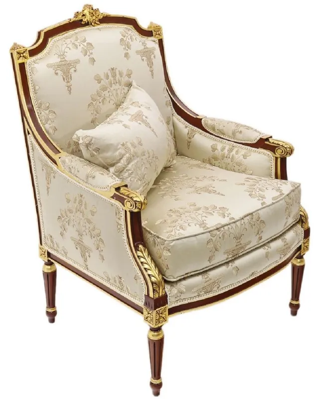 Casa Padrino Barock Lounge Thron Sessel mit elegantem Muster Cremefarben / Dunkelbraun / Gold - Barock Wohnzimmer Möbel Sofort Bestellen