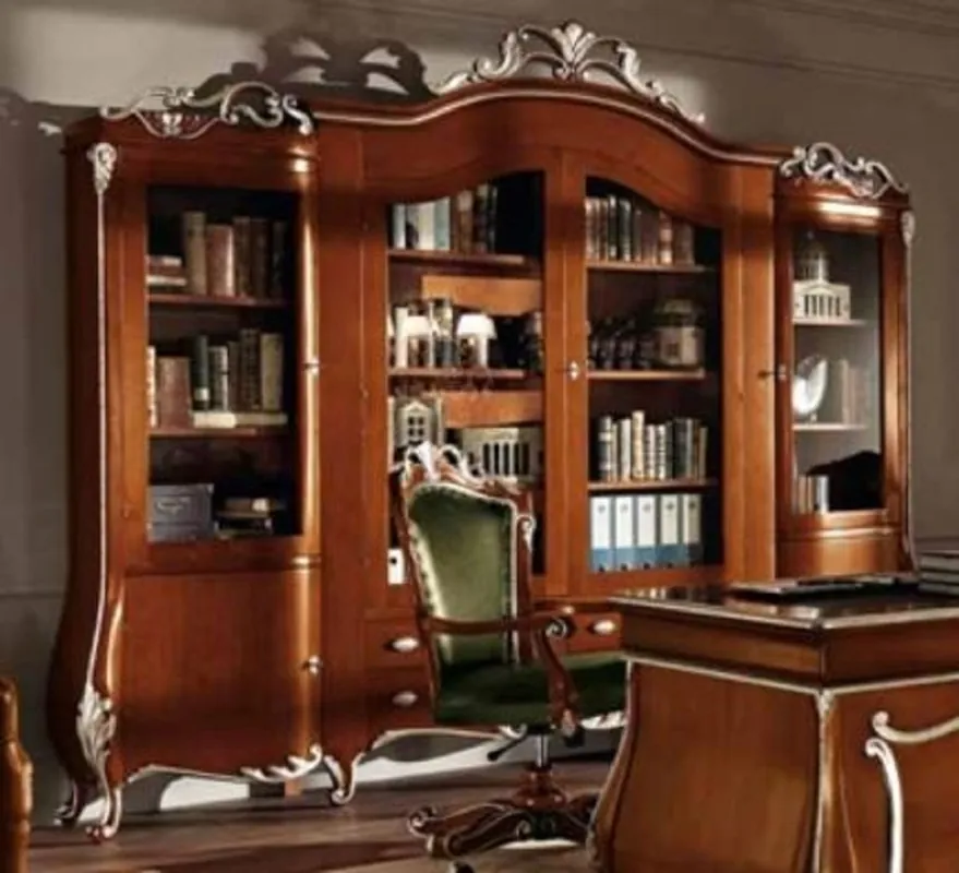 Casa Padrino Luxus Barock Schrank mit 4 Glastüren Braun / Silber - Massivholz Regalschrank - Bücherschrank - Wohnzimmerschrank - Büroschrank - Barock Möbel - Luxus Qualität - Made in Italy Sonderaktion