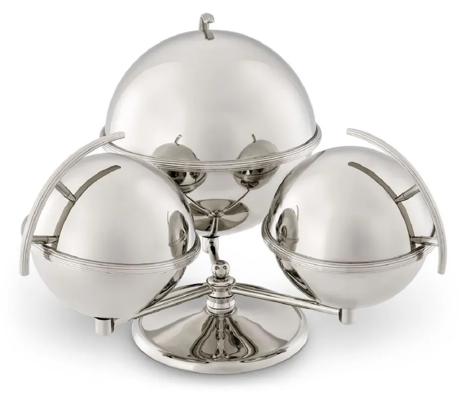 Casa Padrino Luxus Servierschüssel 3er Set mit Ständer Silber 35,5 x 32,5 x H. 23,5 - Messing Schüsseln mit Schiebedeckel - Luxus Hotel & Restaurant Accessoires - Luxus Kollektion Highlight