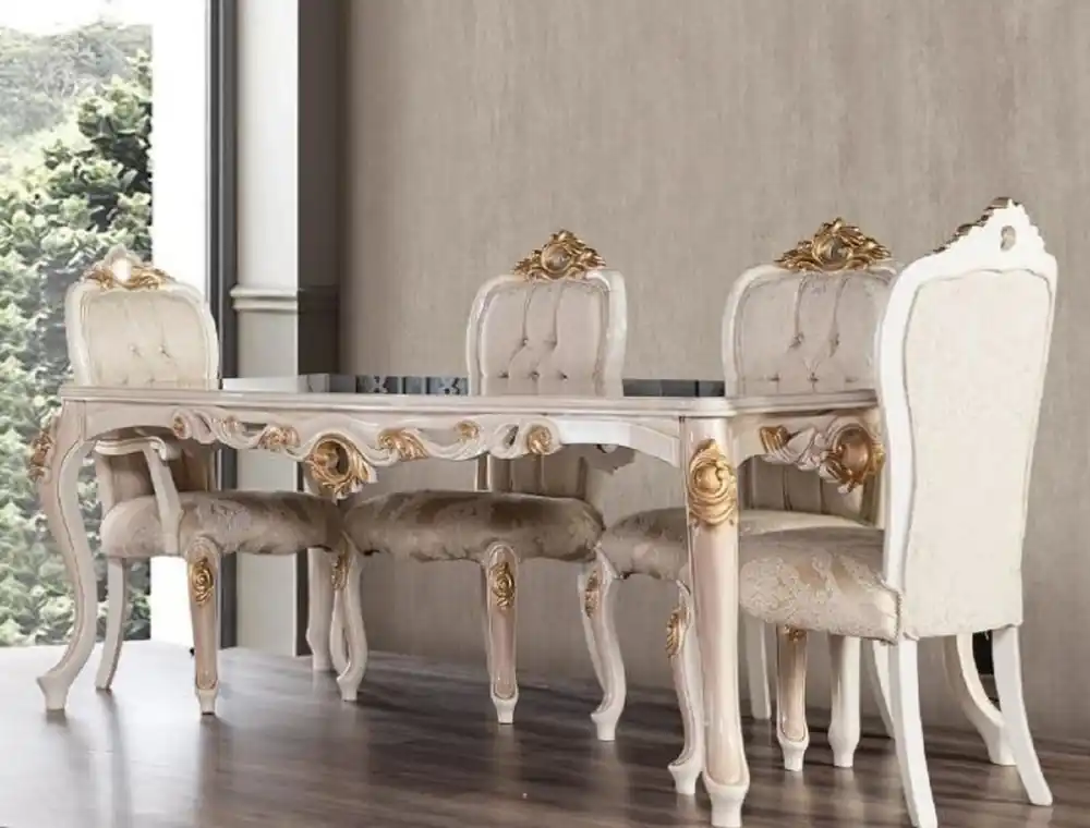 Preiswert Casa Padrino Luxus Barock Esszimmer Set Grau / Weiß / Beige / Gold - 1 Barock Esstisch & 6 Barock Esszimmerstühle mit elegantem Muster - Esszimmer Möbel im Barockstil - Edel & Prunkvoll
