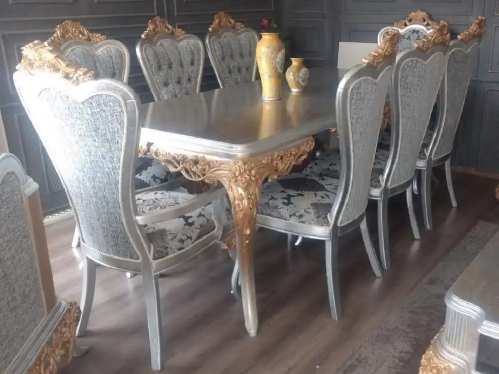 Casa Padrino Luxus Barock Esszimmer Set Blau / Weiß / Silber / Kupfer - 1 Barock Esstisch & 6 Barock Esszimmerstühle - Esszimmer Möbel im Barockstil - Edel & Prunkvoll Sofort Bestellen