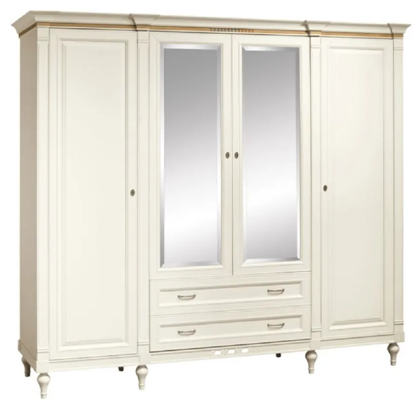 Casa Padrino Luxus Jugendstil Schlafzimmerschrank Cremefarben 238 x 64,7 x H. 210,6 cm - Massivholz Kleiderschrank mit 4 Türen und 2 Schubladen - Barock & Jugendstil Schlafzimmer Möbel Sofort Bestellen