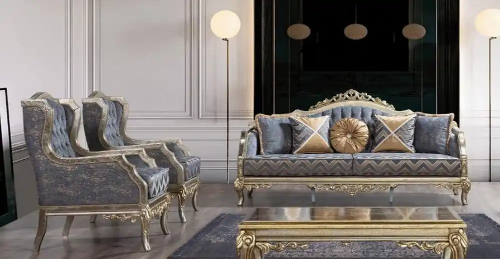Casa Padrino Luxus Barock Wohnzimmer Set Blau / Silber / Gold - 2 Barock Sofas mit Muster & 2 Barock Sessel mit Muster & 1 Barock Couchtisch - Barock Wohnzimmer Möbel Jetzt Bestellen