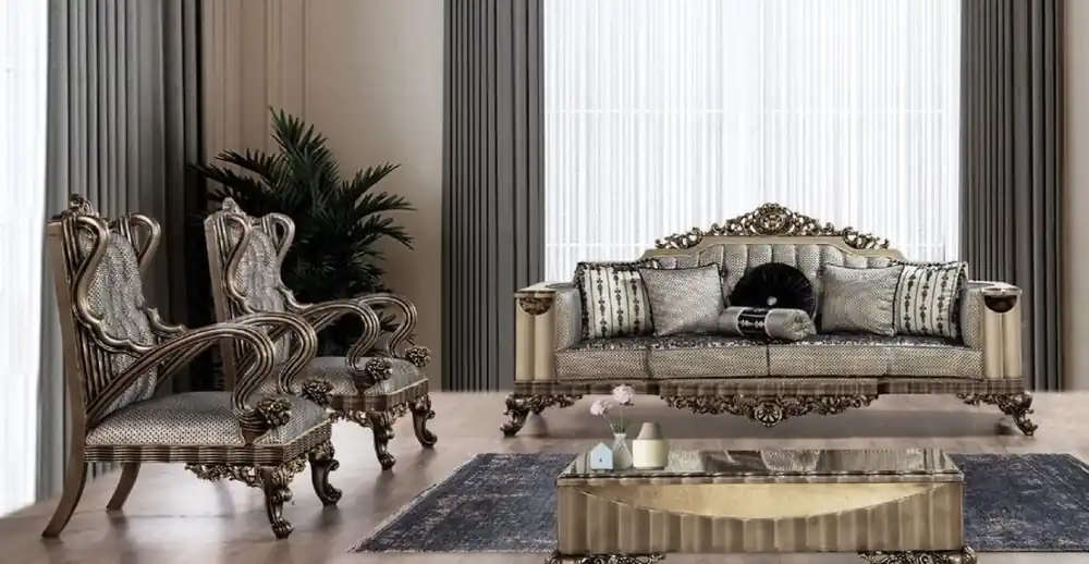 Casa Padrino Luxus Barock Wohnzimmer Set Silber / Schwarz / Gold - 2 Barock Sofas & 2 Barock Sessel & 1 Barock Couchtisch - Barock Wohnzimmer Möbel Mega-Angebot